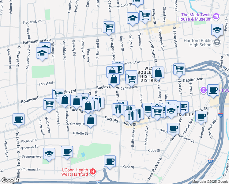 map of restaurants, bars, coffee shops, grocery stores, and more near 1037 Boulevard in West Hartford