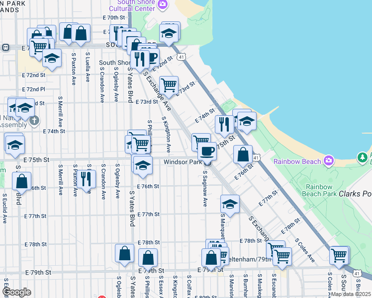 map of restaurants, bars, coffee shops, grocery stores, and more near 2600 East 74th Place in Chicago