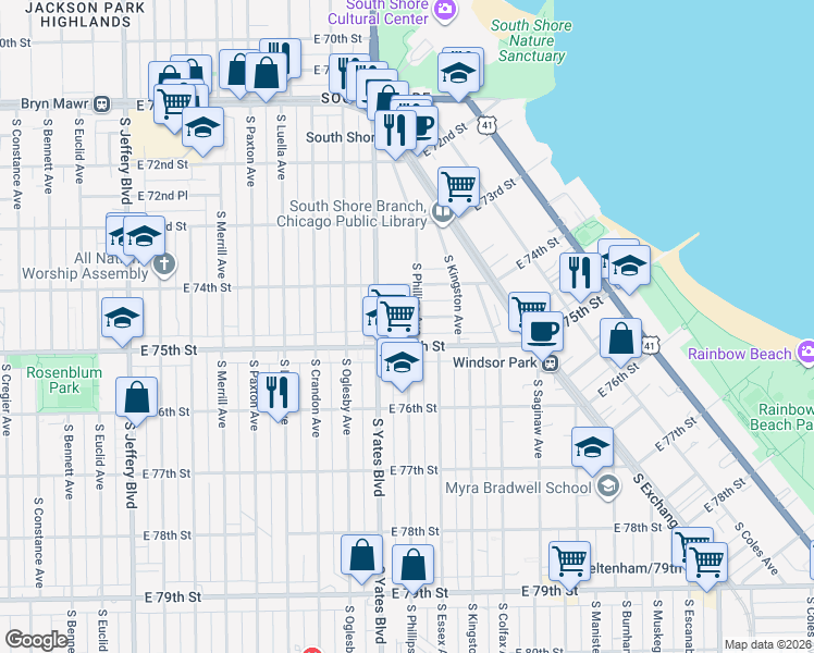 map of restaurants, bars, coffee shops, grocery stores, and more near 7432 South Phillips Avenue in Chicago