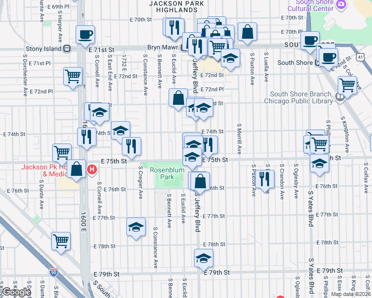 map of restaurants, bars, coffee shops, grocery stores, and more near 7421 South Euclid Avenue in Chicago