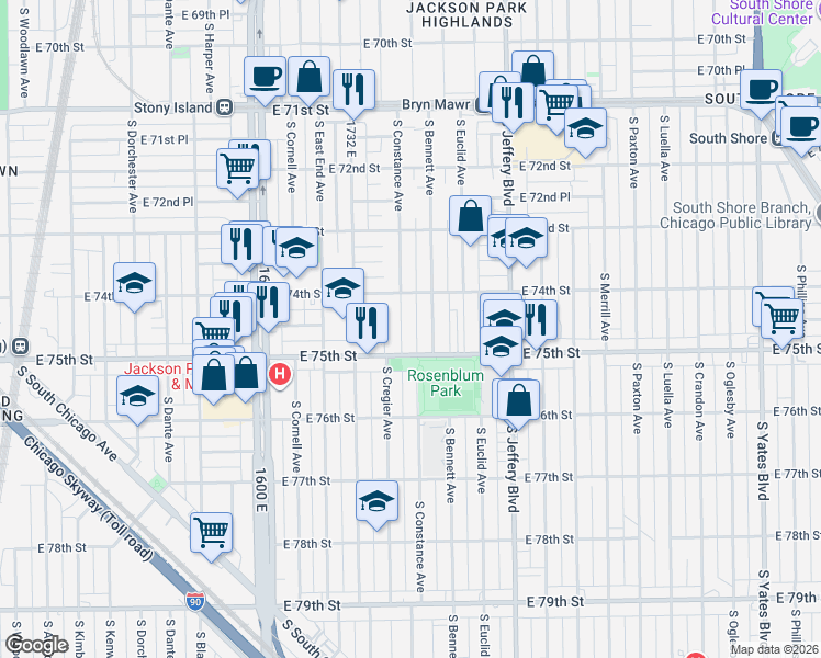 map of restaurants, bars, coffee shops, grocery stores, and more near 7426 South Constance Avenue in Chicago