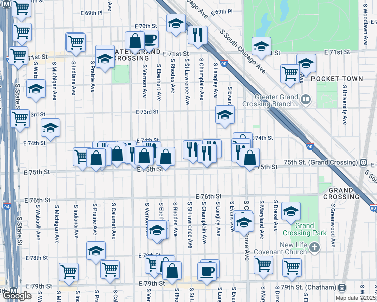 map of restaurants, bars, coffee shops, grocery stores, and more near 7406 South Saint Lawrence Avenue in Chicago