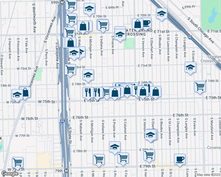 map of restaurants, bars, coffee shops, grocery stores, and more near 7401 South Indiana Avenue in Chicago