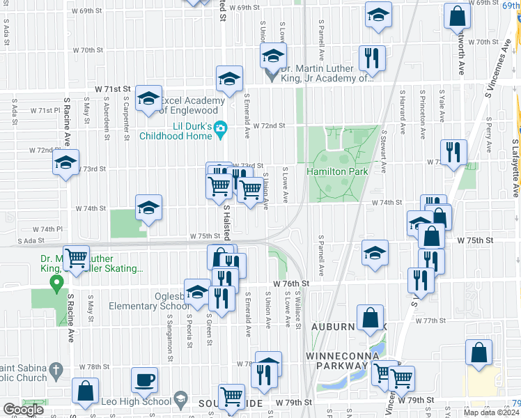 map of restaurants, bars, coffee shops, grocery stores, and more near 7358 South Union Avenue in Chicago