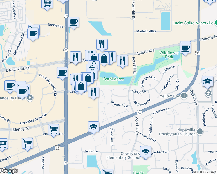 map of restaurants, bars, coffee shops, grocery stores, and more near 2617 Carrolwood Road in Naperville