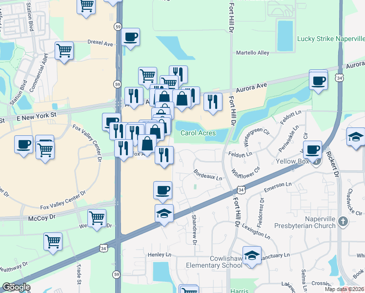 map of restaurants, bars, coffee shops, grocery stores, and more near 2617 Carrolwood Road in Naperville