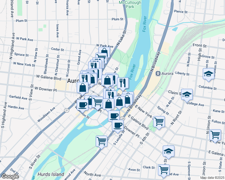 map of restaurants, bars, coffee shops, grocery stores, and more near 47 West New York Street in Aurora