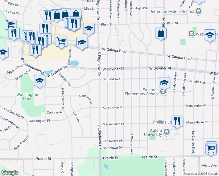 map of restaurants, bars, coffee shops, grocery stores, and more near 112 South Rosedale Avenue in Aurora