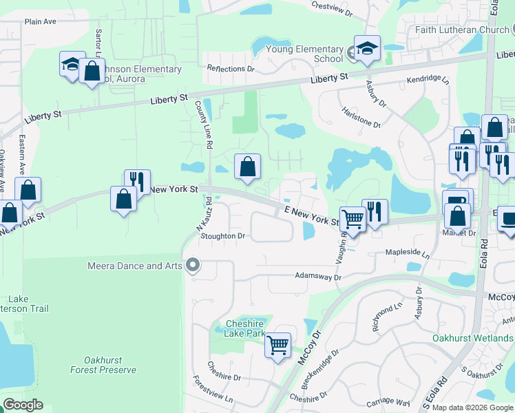 map of restaurants, bars, coffee shops, grocery stores, and more near 2343 Stoughton Circle in Aurora