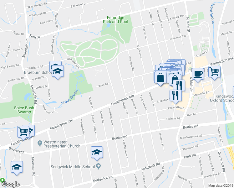 map of restaurants, bars, coffee shops, grocery stores, and more near 10 Pleasant Street in West Hartford
