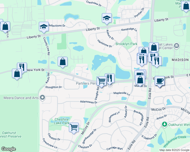 map of restaurants, bars, coffee shops, grocery stores, and more near 2525 Jamestown Lane in Aurora