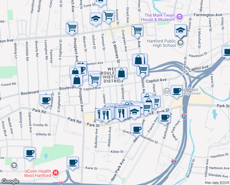 map of restaurants, bars, coffee shops, grocery stores, and more near in Hartford