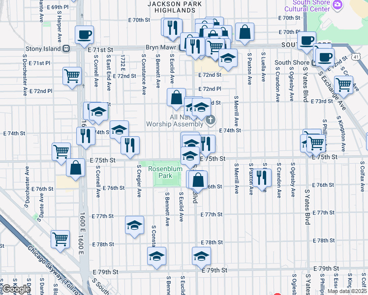 map of restaurants, bars, coffee shops, grocery stores, and more near 7421 South Euclid Avenue in Chicago