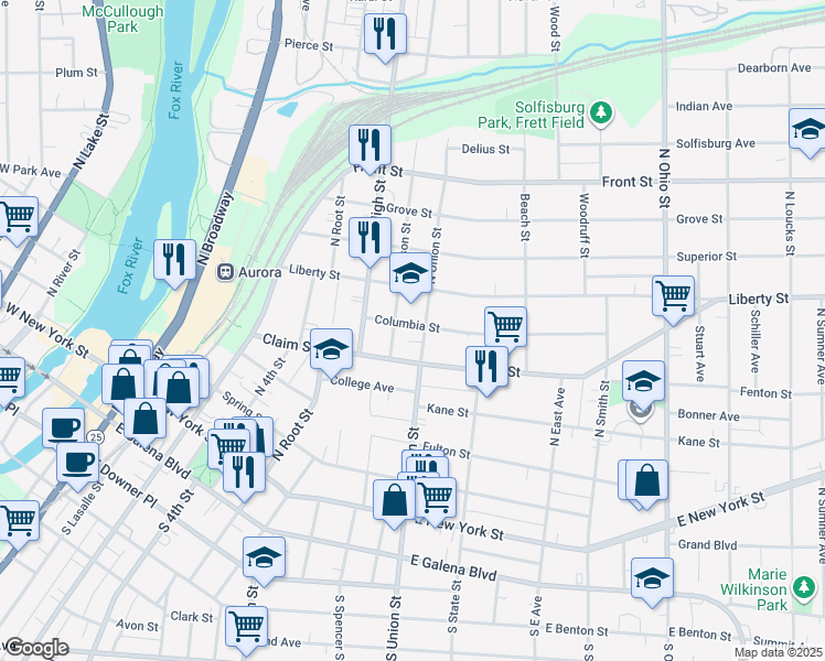 map of restaurants, bars, coffee shops, grocery stores, and more near 257 North Union Street in Aurora