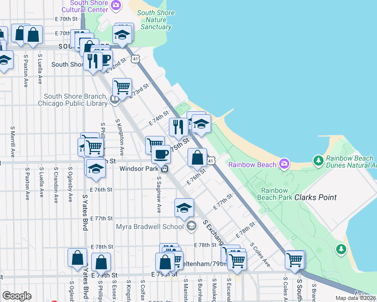 map of restaurants, bars, coffee shops, grocery stores, and more near 2713 East 75th Place in Chicago