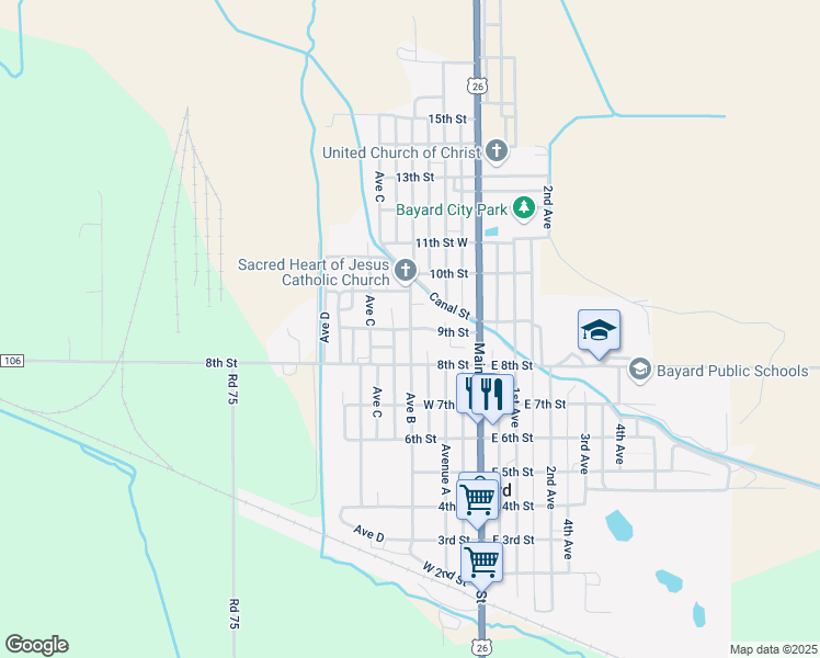 map of restaurants, bars, coffee shops, grocery stores, and more near 298 9th St in Bayard