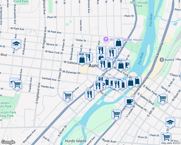 map of restaurants, bars, coffee shops, grocery stores, and more near 251 West Downer Place in Aurora