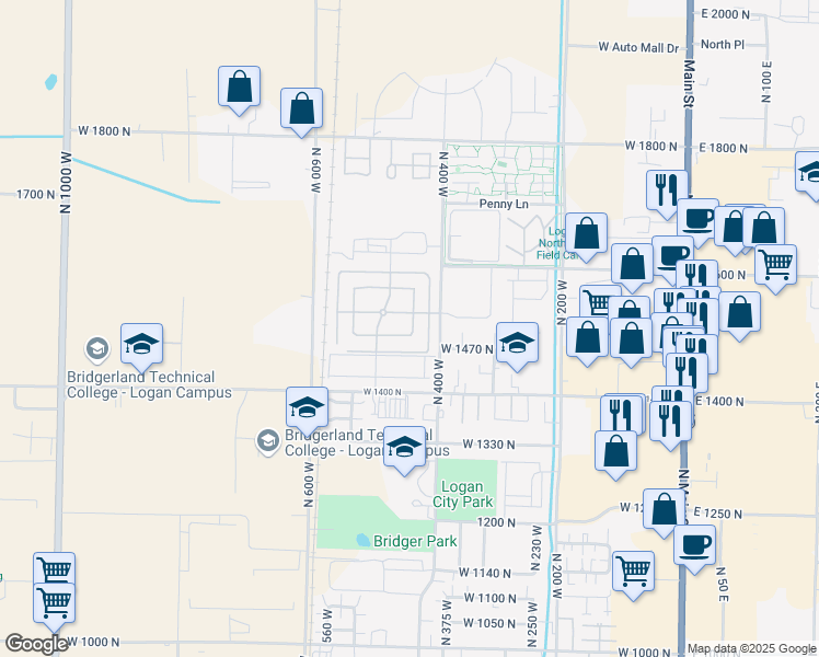 map of restaurants, bars, coffee shops, grocery stores, and more near 1515 North 450 West in Logan