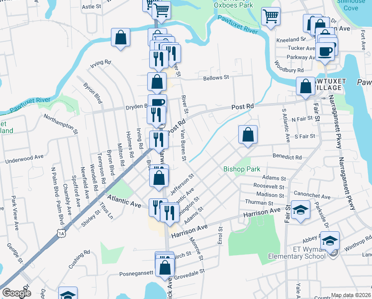 map of restaurants, bars, coffee shops, grocery stores, and more near 52 Van Buren Street in Warwick