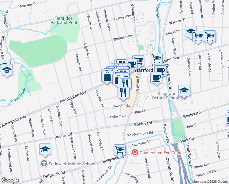 map of restaurants, bars, coffee shops, grocery stores, and more near 95 South Main Street in West Hartford