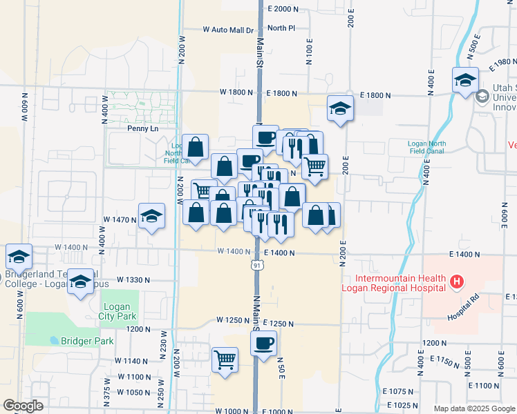 map of restaurants, bars, coffee shops, grocery stores, and more near 1427 North Main Street in Logan