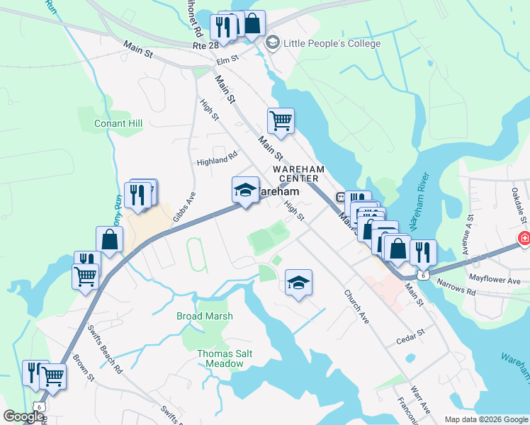 map of restaurants, bars, coffee shops, grocery stores, and more near 34 Marion Road in Wareham