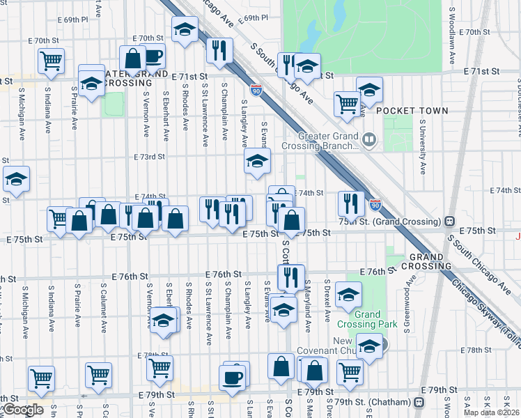 map of restaurants, bars, coffee shops, grocery stores, and more near 7409 South Langley Avenue in Chicago