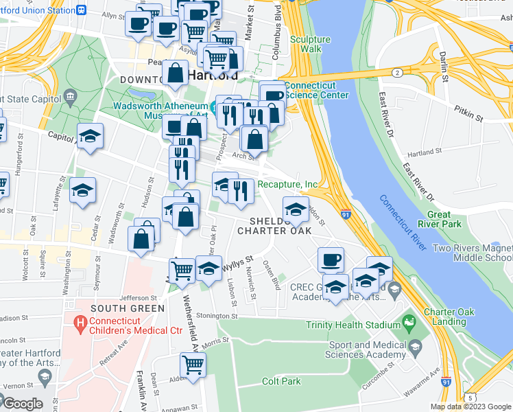 map of restaurants, bars, coffee shops, grocery stores, and more near 80 Charter Oak Avenue in Hartford