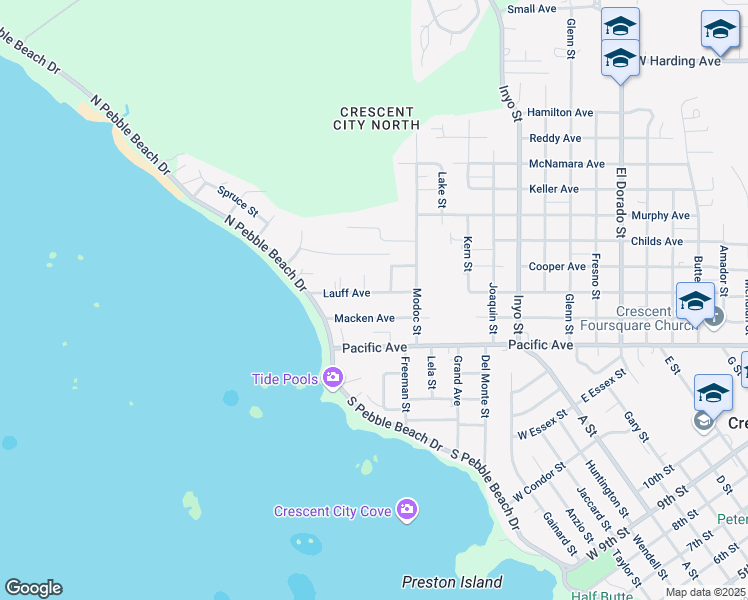 map of restaurants, bars, coffee shops, grocery stores, and more near 1500-1510 Lauff Avenue in Crescent City