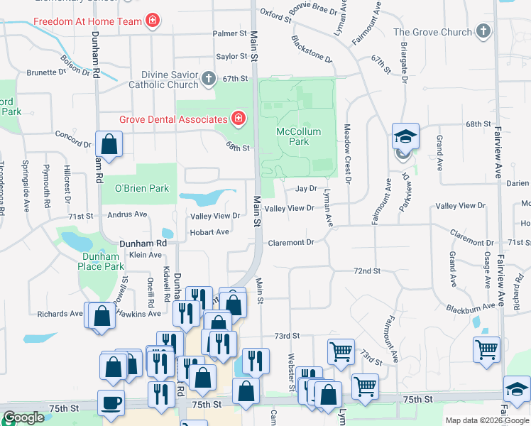 map of restaurants, bars, coffee shops, grocery stores, and more near 961 Valley View Drive in Downers Grove
