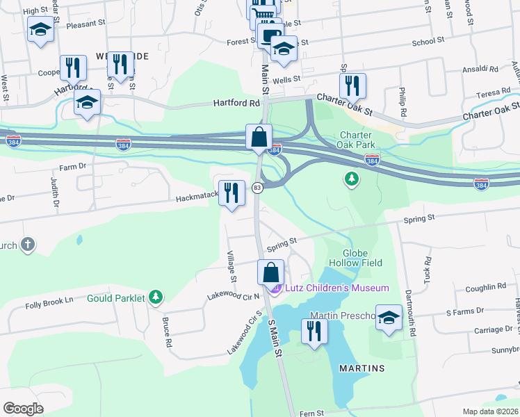 map of restaurants, bars, coffee shops, grocery stores, and more near 129 South Main Street in Manchester
