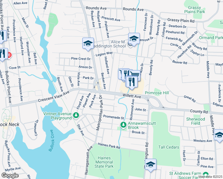 map of restaurants, bars, coffee shops, grocery stores, and more near 1000 Willett Avenue in East Providence