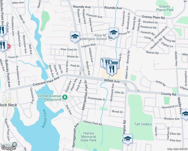 map of restaurants, bars, coffee shops, grocery stores, and more near 107 Hilton Avenue in East Providence