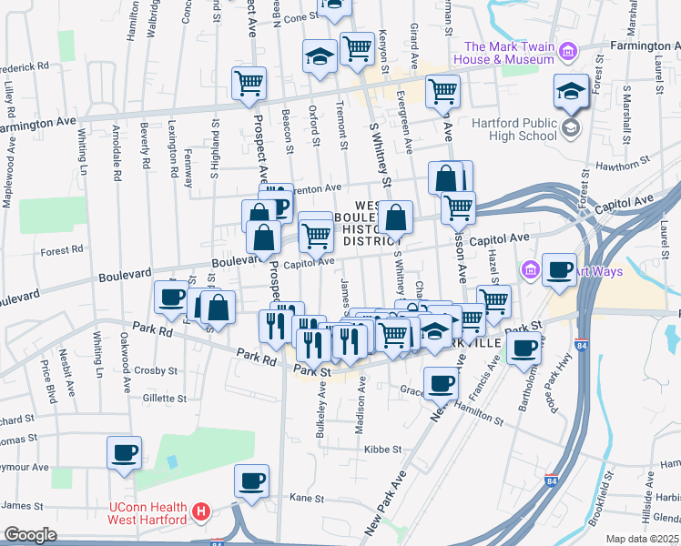 map of restaurants, bars, coffee shops, grocery stores, and more near 1065 Capitol Avenue in Hartford