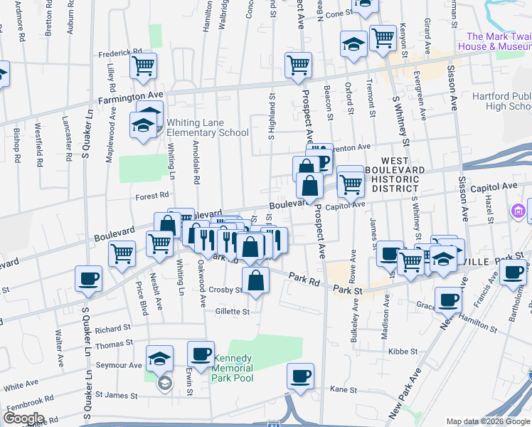 map of restaurants, bars, coffee shops, grocery stores, and more near in West Hartford