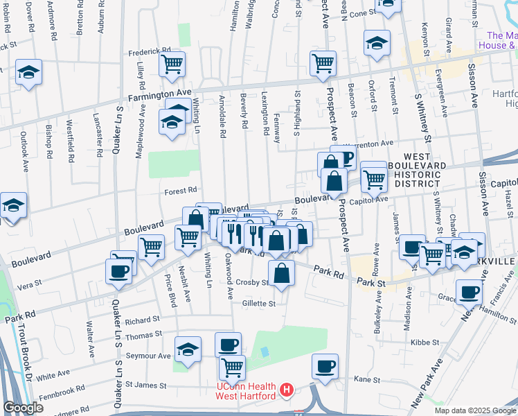 map of restaurants, bars, coffee shops, grocery stores, and more near 1128 Boulevard in West Hartford
