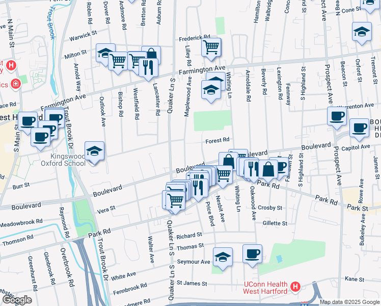 map of restaurants, bars, coffee shops, grocery stores, and more near 35 Forest Road in West Hartford