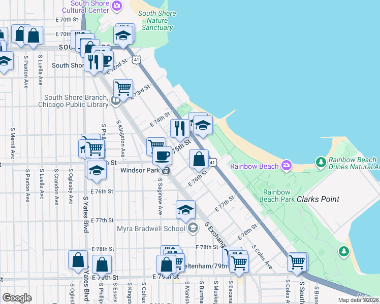 map of restaurants, bars, coffee shops, grocery stores, and more near 2713 East 75th Place in Chicago