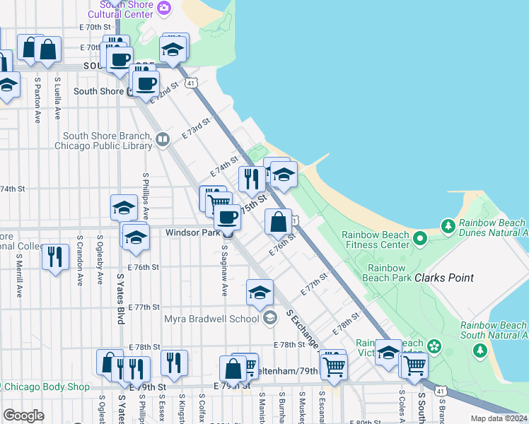 map of restaurants, bars, coffee shops, grocery stores, and more near 2713 East 75th Place in Chicago