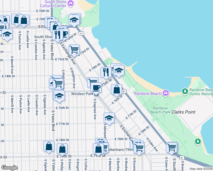map of restaurants, bars, coffee shops, grocery stores, and more near 2713 East 75th Place in Chicago
