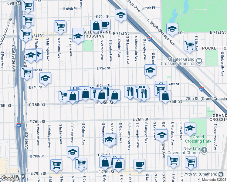 map of restaurants, bars, coffee shops, grocery stores, and more near 7406 South Rhodes Avenue in Chicago