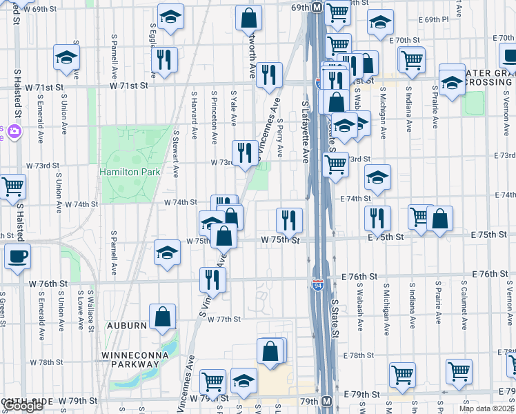 map of restaurants, bars, coffee shops, grocery stores, and more near 7400 South Wentworth Avenue in Chicago