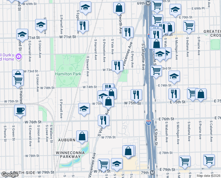 map of restaurants, bars, coffee shops, grocery stores, and more near 7359 South Princeton Avenue in Chicago