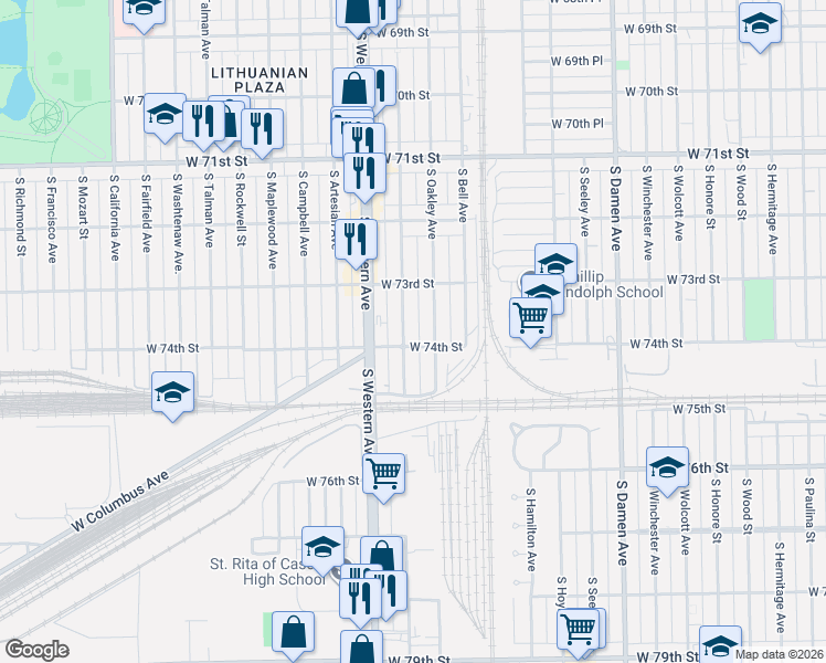 map of restaurants, bars, coffee shops, grocery stores, and more near 7336 South Oakley Avenue in Chicago