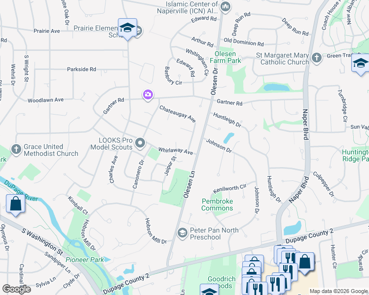 map of restaurants, bars, coffee shops, grocery stores, and more near 733 Chateaugay Avenue in Naperville
