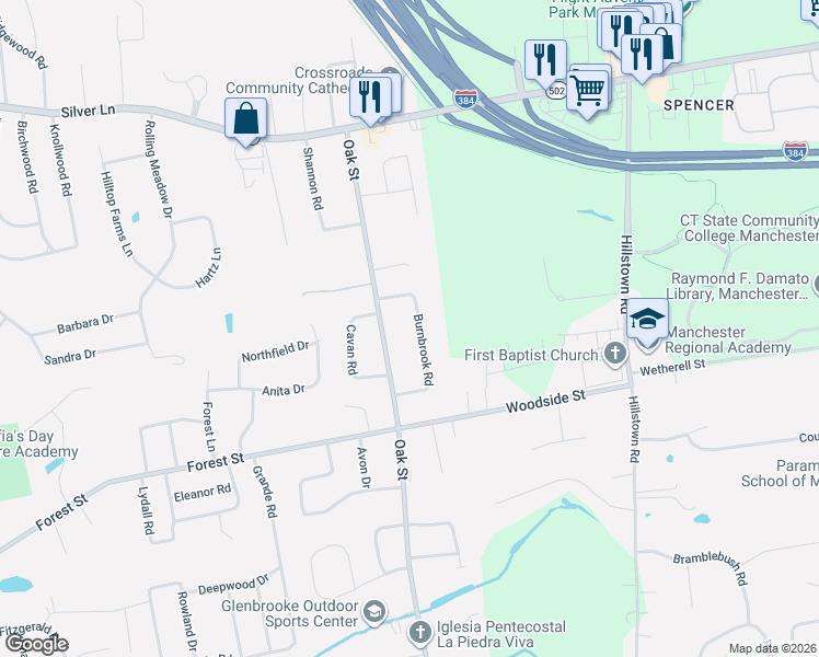 map of restaurants, bars, coffee shops, grocery stores, and more near 51 Burnbrook Road in East Hartford