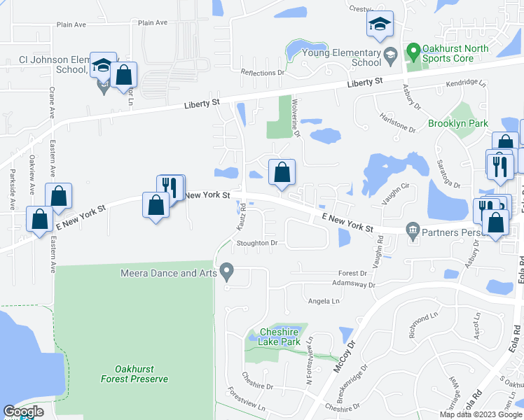 map of restaurants, bars, coffee shops, grocery stores, and more near 381 Abington Woods Drive in Aurora