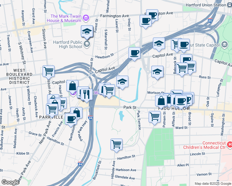 map of restaurants, bars, coffee shops, grocery stores, and more near 25 Laurel Street in Hartford