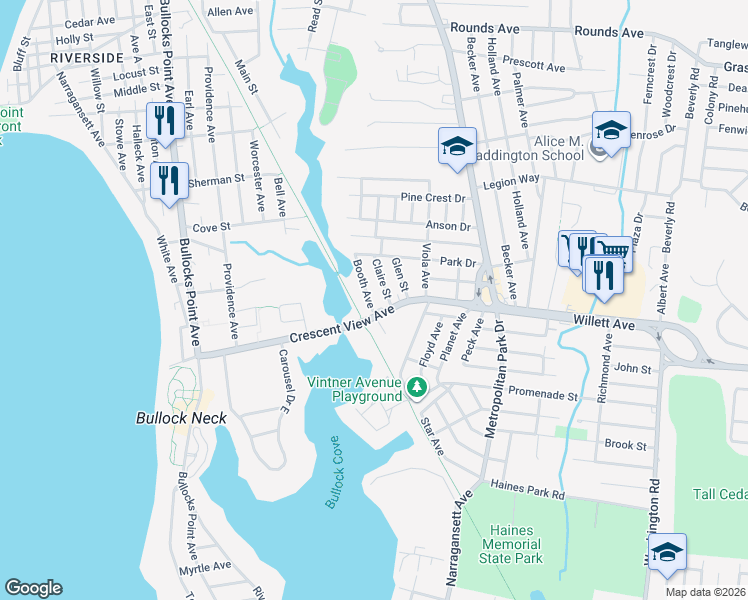map of restaurants, bars, coffee shops, grocery stores, and more near 10 Claire Street in East Providence