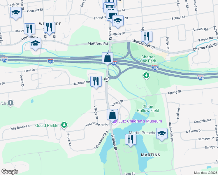 map of restaurants, bars, coffee shops, grocery stores, and more near 129 South Main Street in Manchester